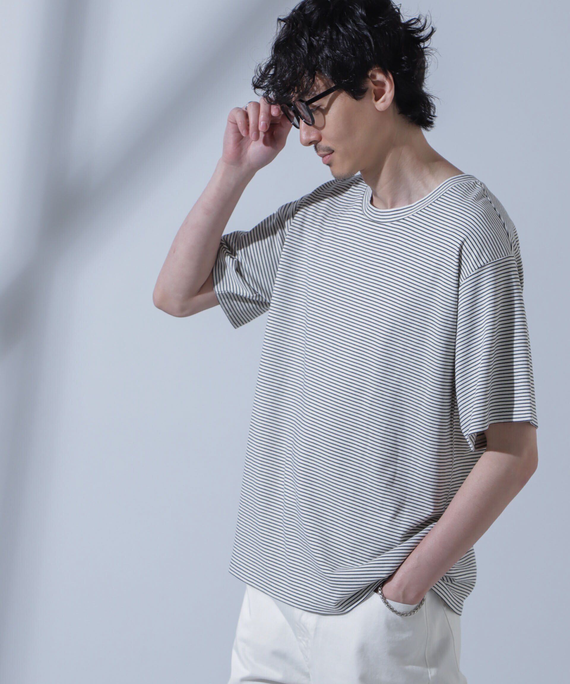 nano･universe「Anti Soaked(R)  汗染み防止 ピンボーダークルーネックTシャツ」|Tシャツ・カットソー|ホワイト