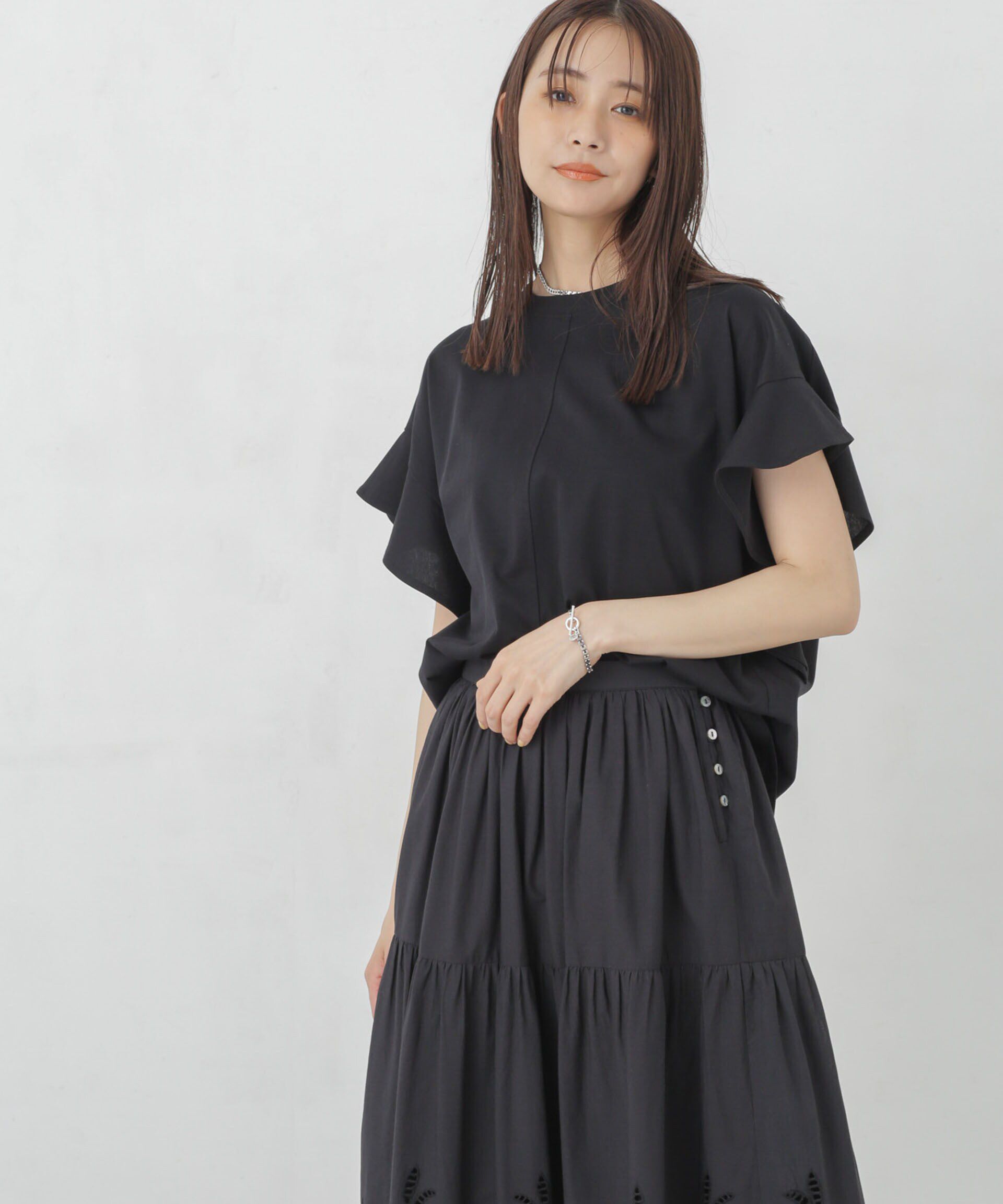 nano･universe「Polygiene フレアスリーブカットトップス」|Tシャツ・カットソー|ブラック