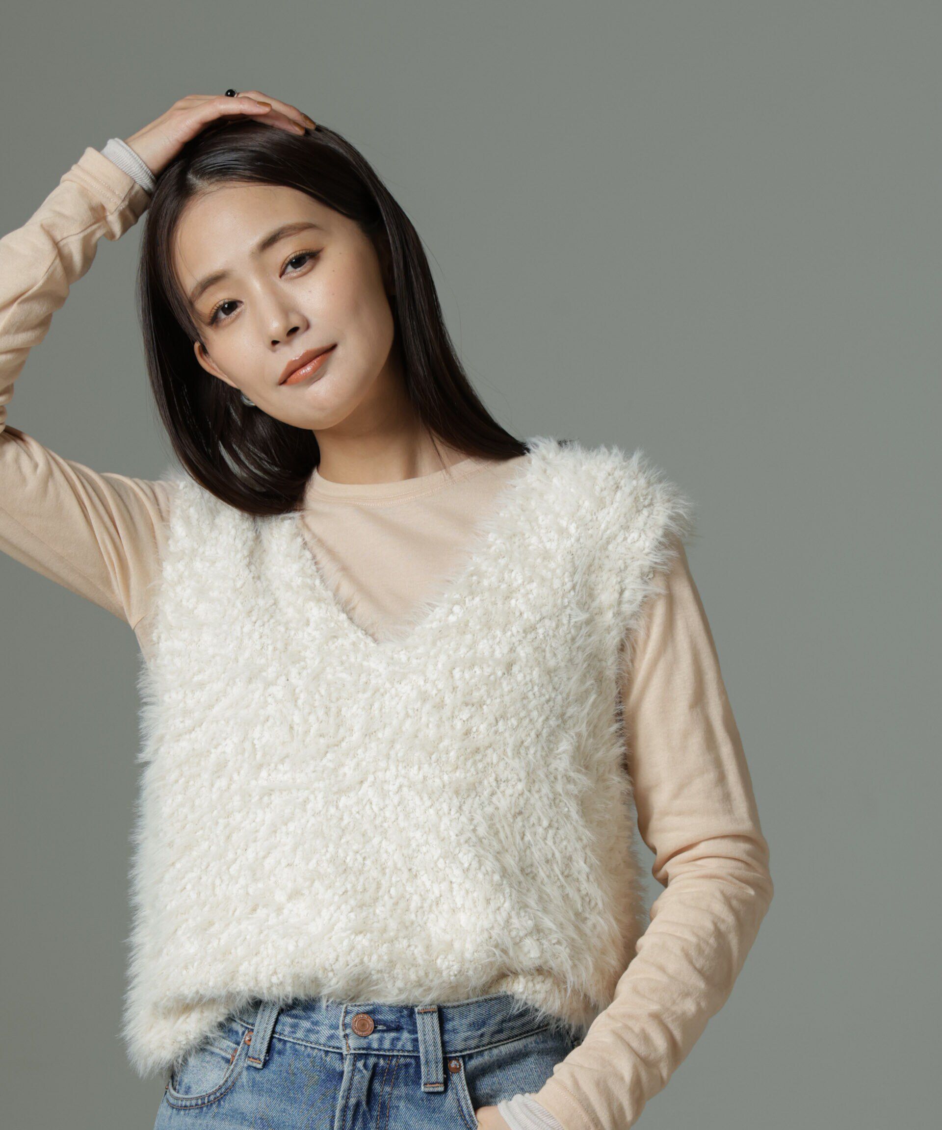 nano･universe「ファンシーシャギーニットベスト」|ニット・セーター|オフホワイト1