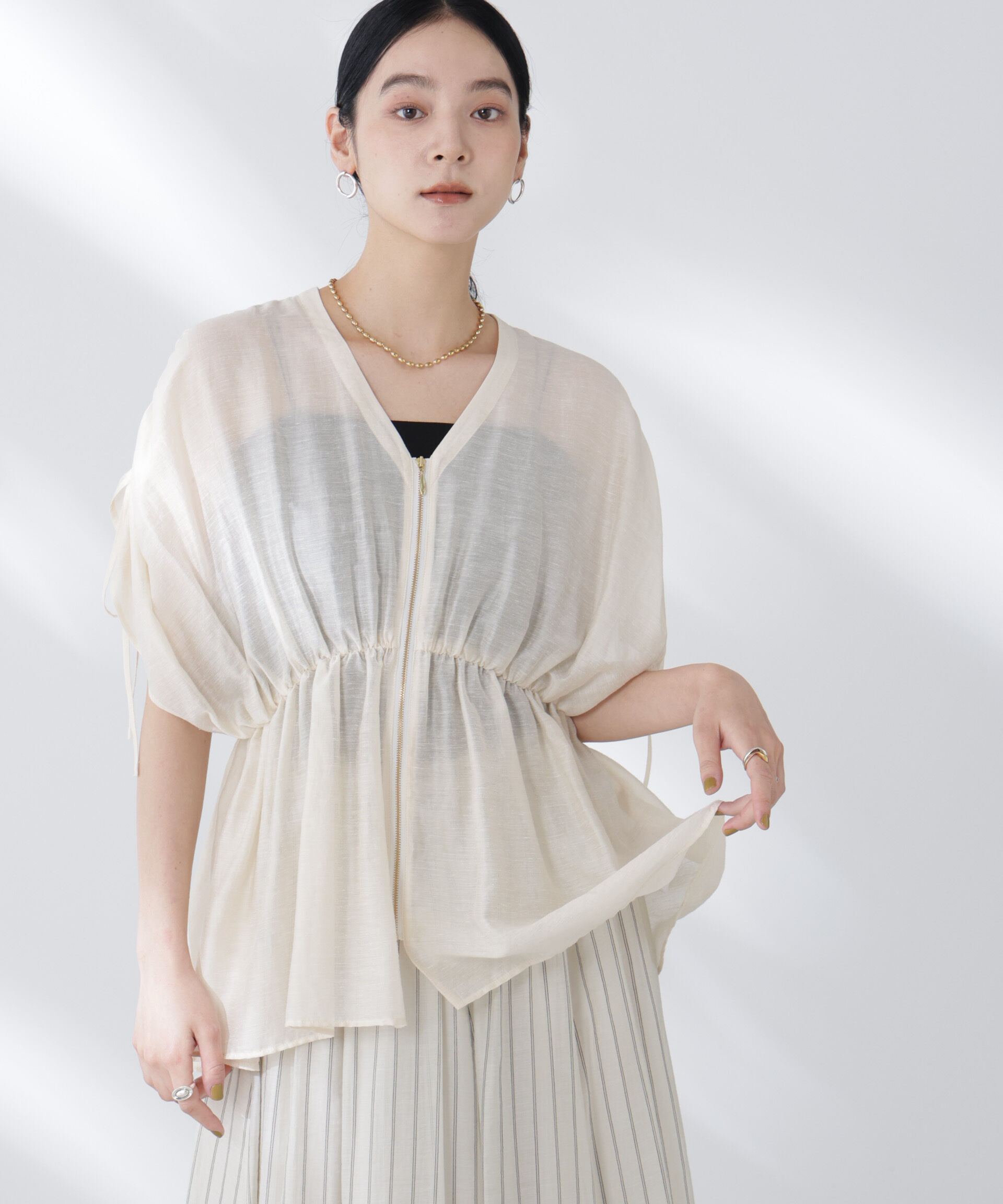 nano･universe「リネン混シアーギャザージップブラウス」|シャツ・ブラウス|