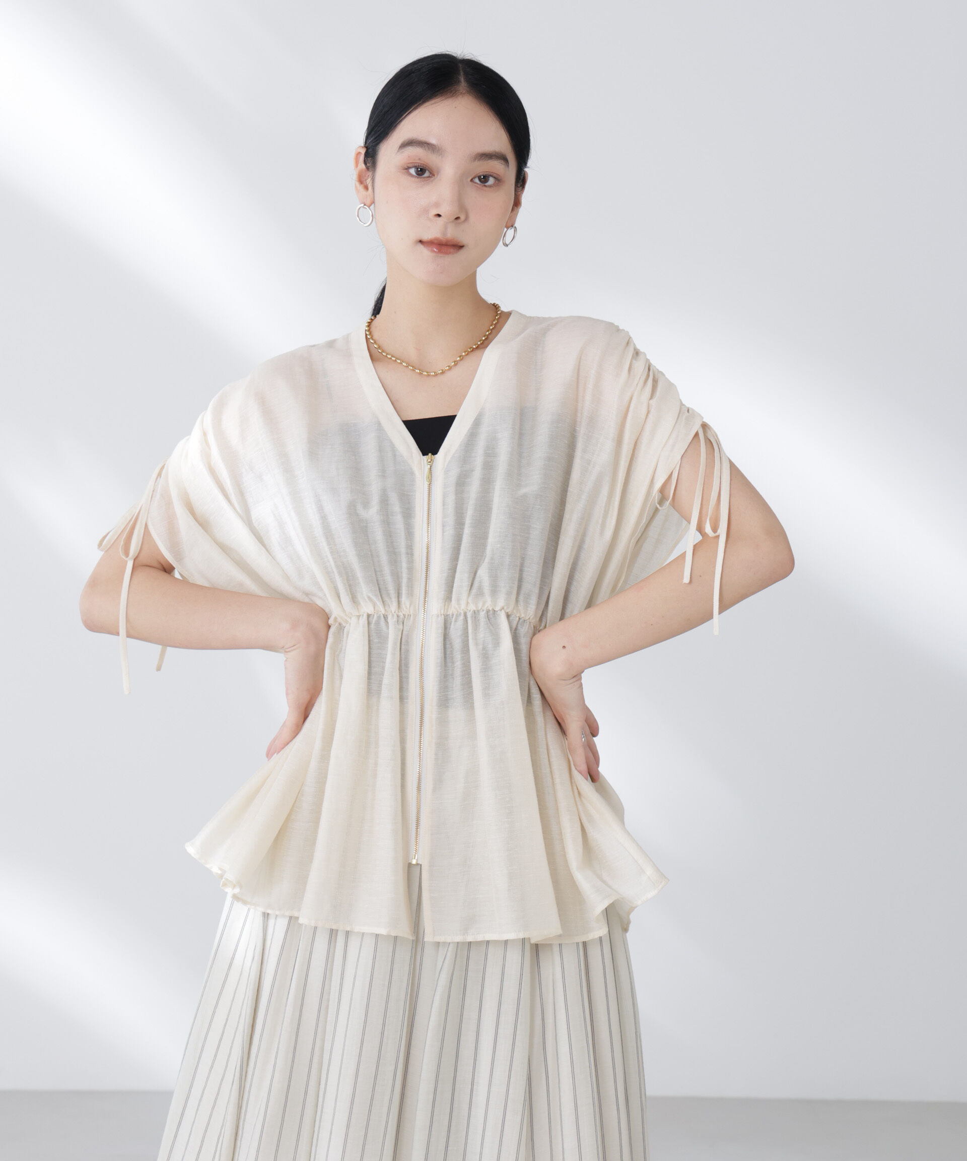 nano･universe「リネン混シアーギャザージップブラウス」|シャツ・ブラウス|