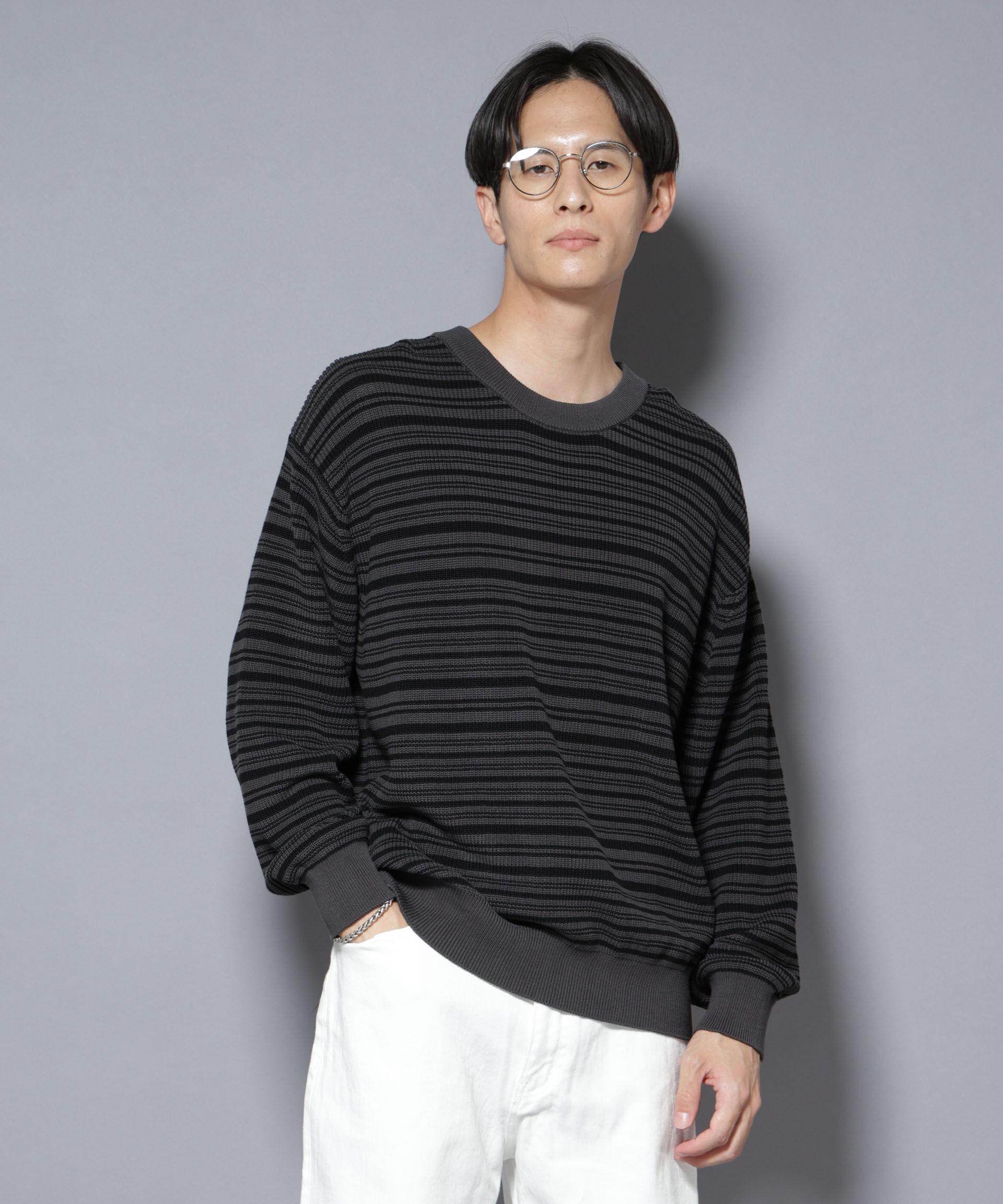 nano･universe「マーセライズコットン 畦ボーダークルーネックニット」|ニット・セーター|