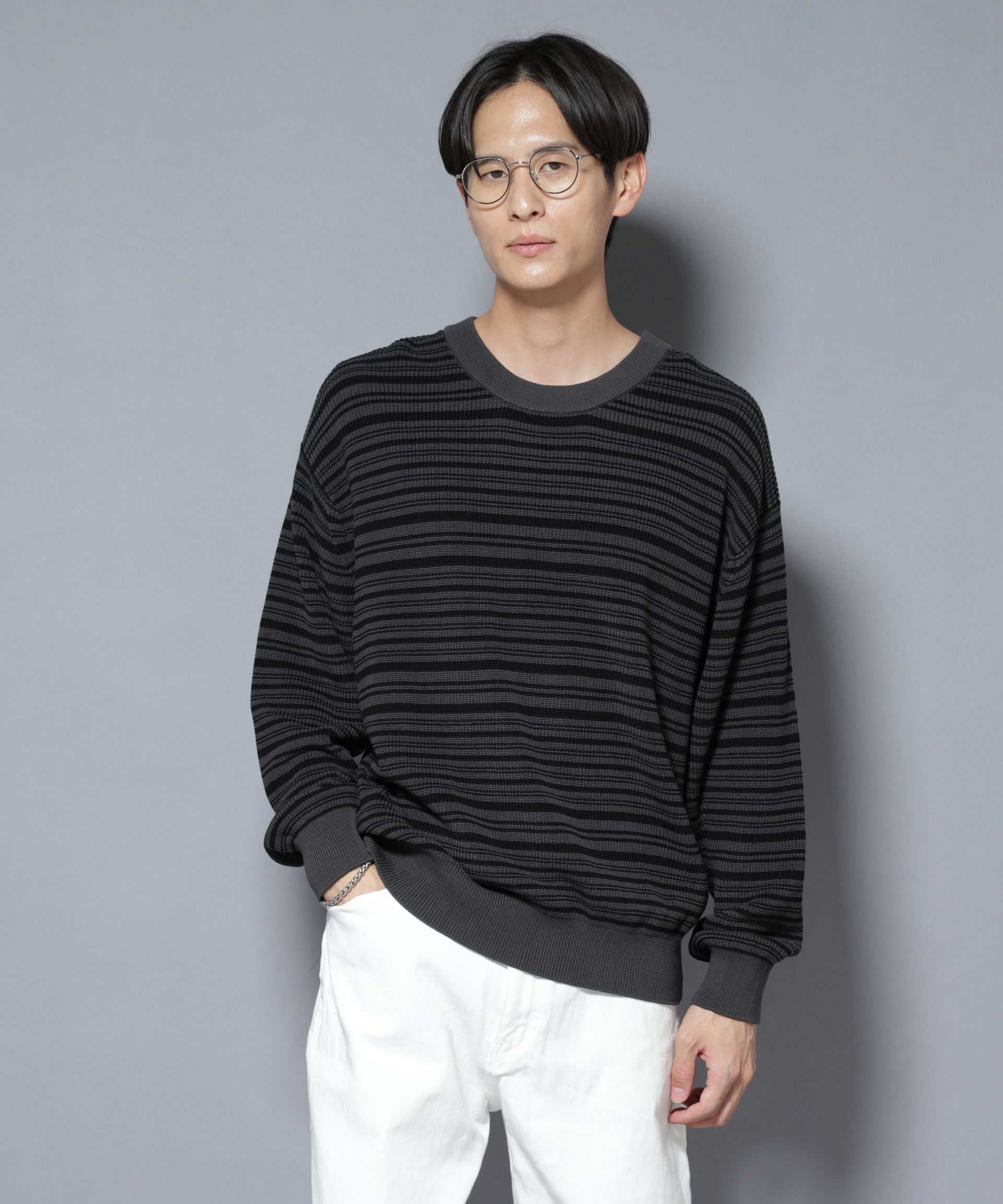 nano･universe「マーセライズコットン 畦ボーダークルーネックニット」|ニット・セーター|