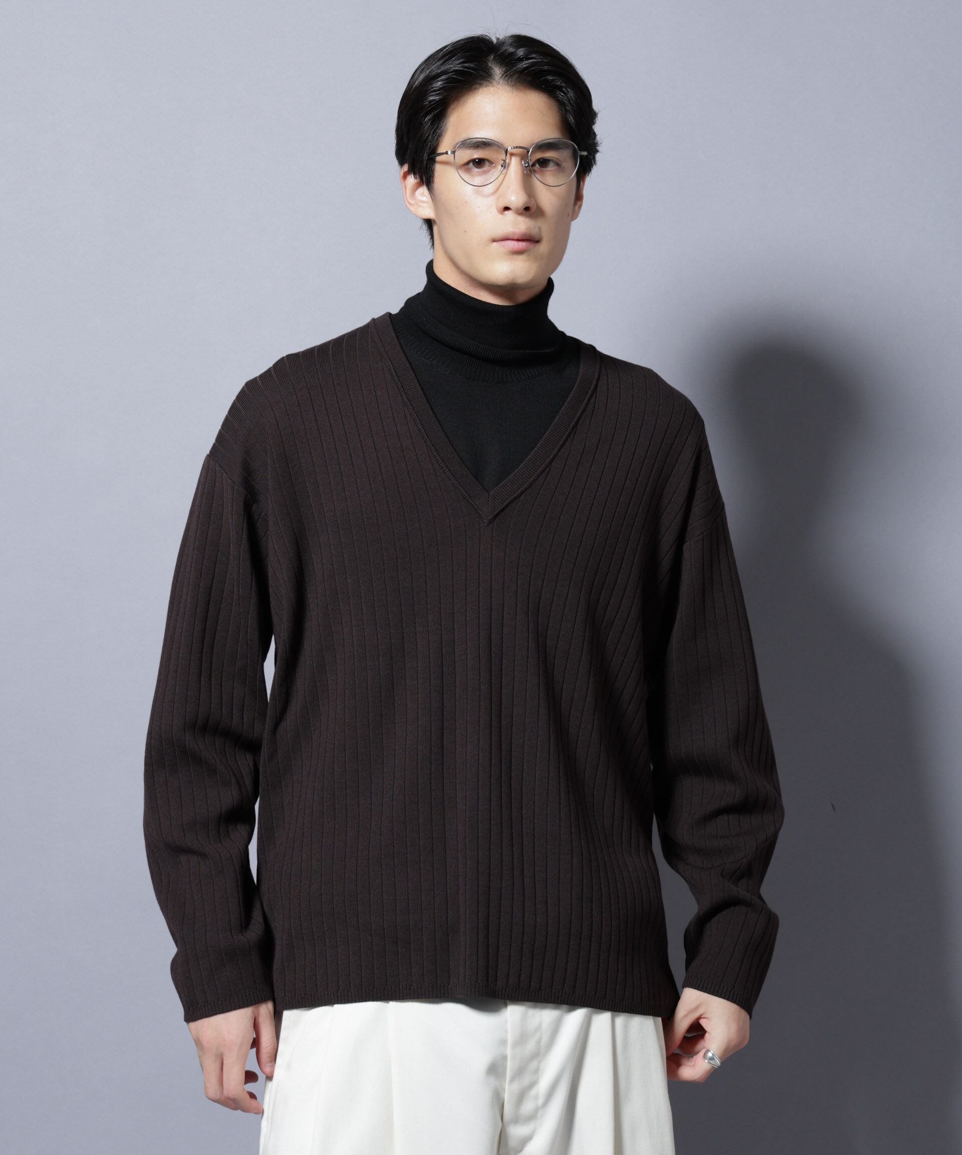 nano･universe「CICA&UVカット リブニットVネック」|ニット・セーター|ブラウン