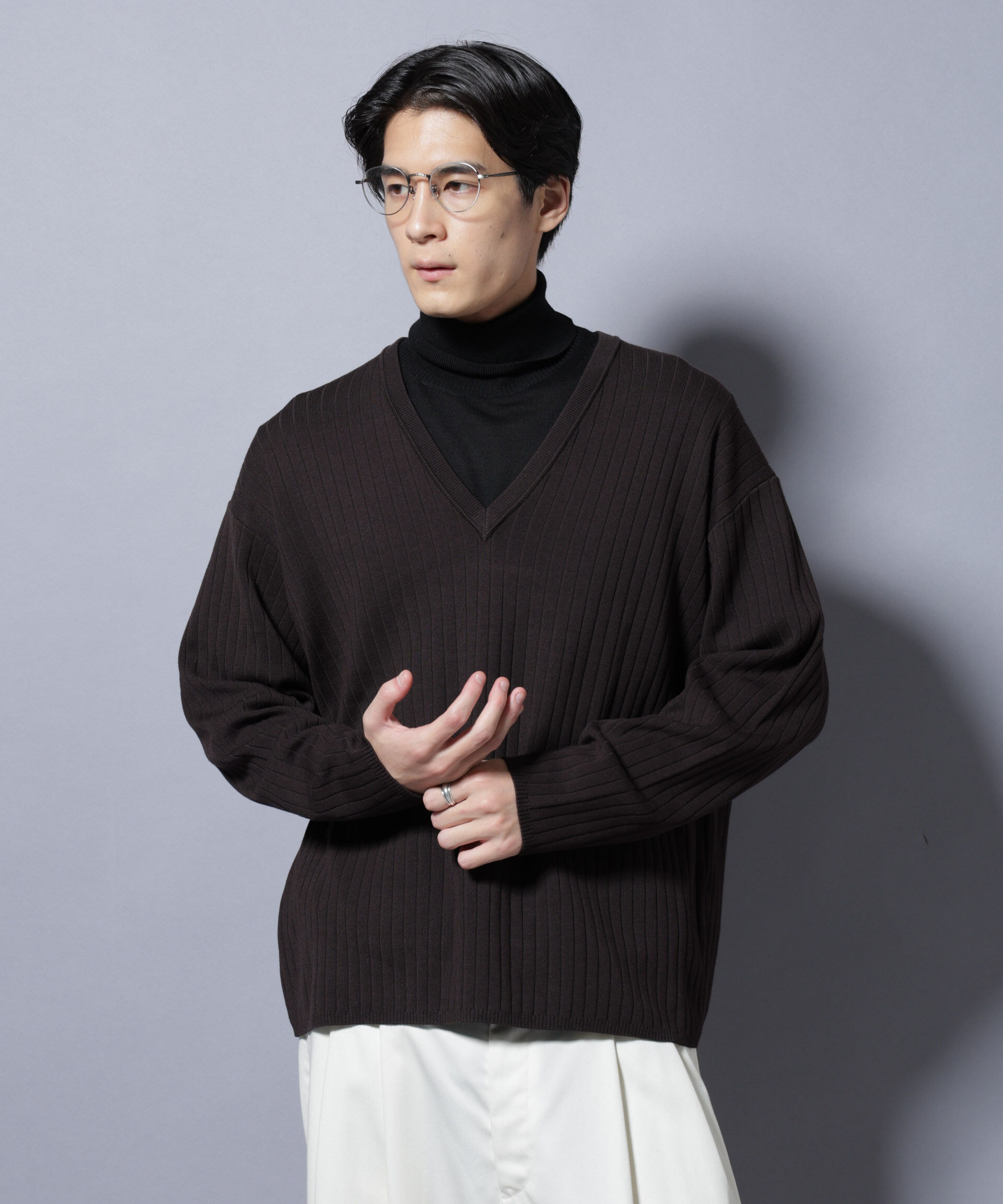 nano･universe「CICA&UVカット リブニットVネック」|ニット・セーター|