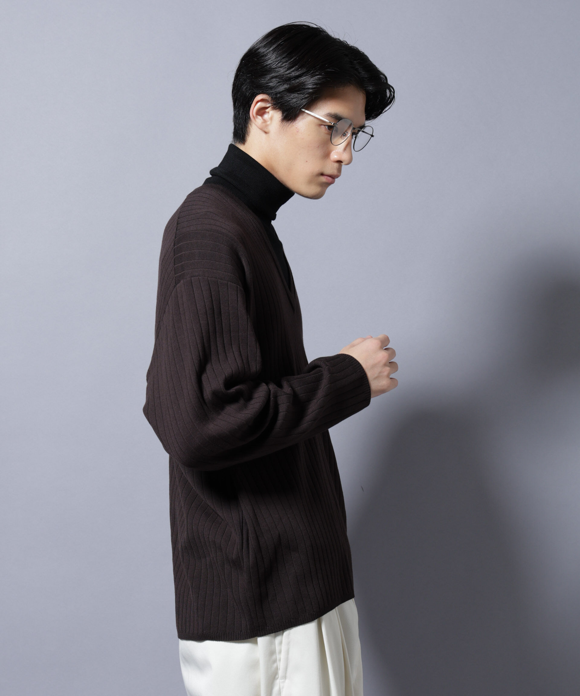 nano･universe「CICA&UVカット リブニットVネック」|ニット・セーター|