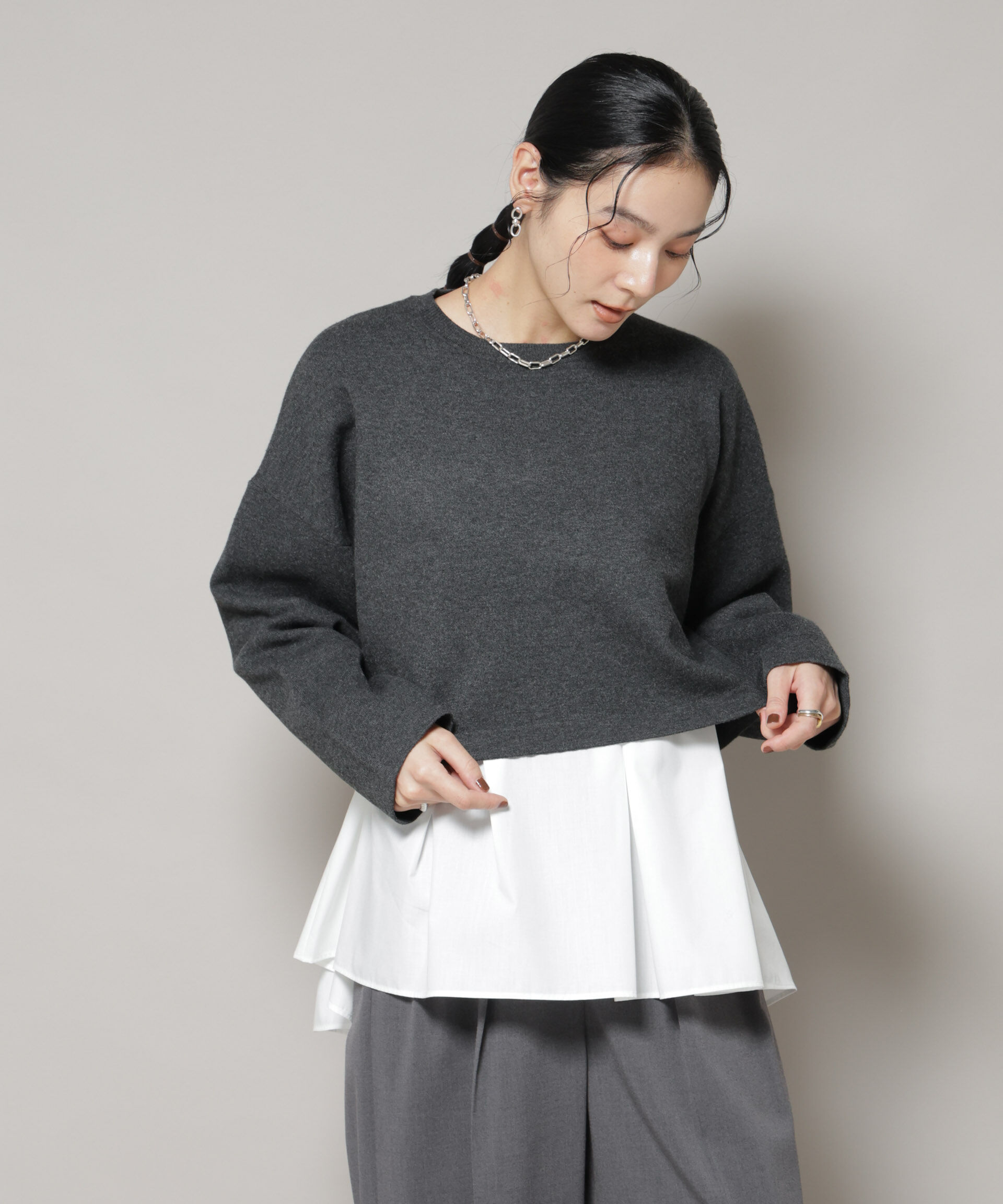 nano･universe「ダブルジャガードニット&times;タックブラウス ペプラムセット」|ニット・セーター|