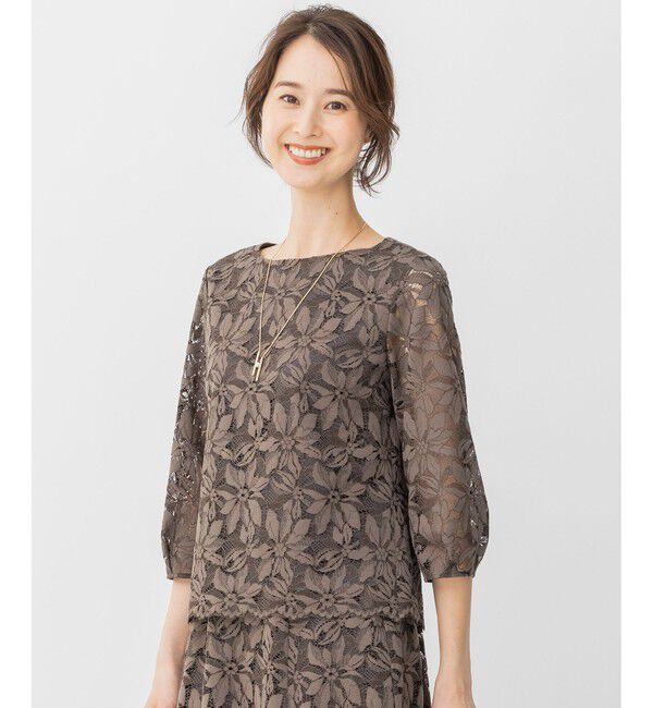 自由区「【洗える】フラワーコードレース ペプラムブラウス」|シャツ・ブラウス|カーキ系
