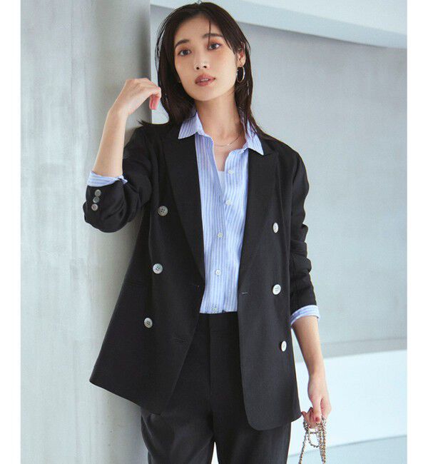 23区「【洗える】リネンレーヨンストレッチ ダブル ジャケット」|テーラードジャケット|ブラック系