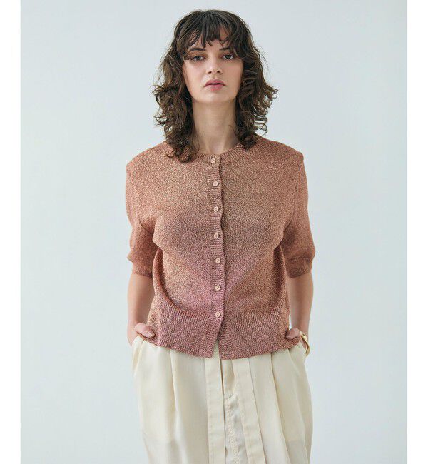 BEIGE,「【洗える】VANDA / ラメ入りクルーネック半袖カーディガン」|カーディガン|Dark Nude