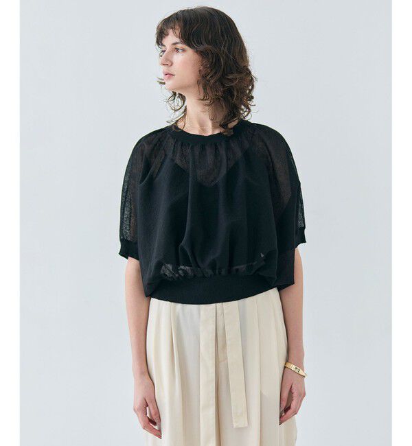 BEIGE,「【洗える・Oggi 7月号掲載】LUPINUS / リネン混半袖プルオーバーギャザーニット」|ニット・セーター|Black