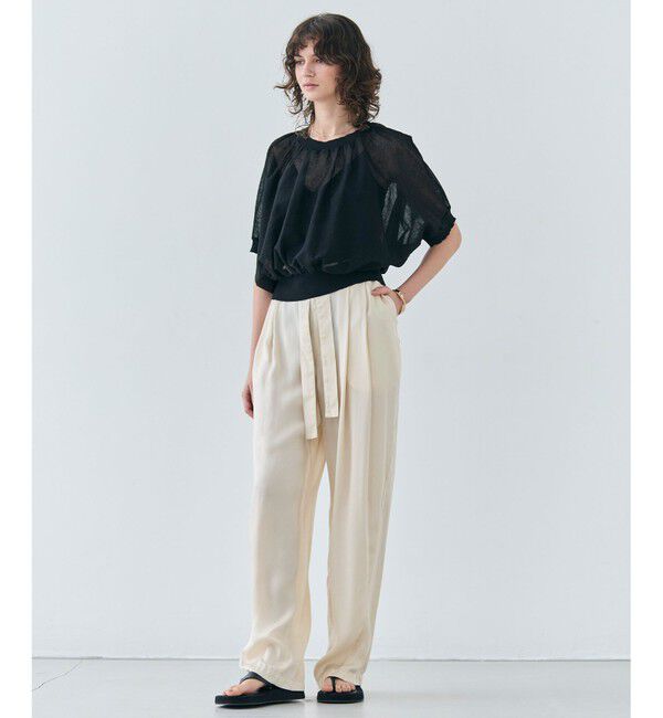 BEIGE,「【洗える・Oggi 7月号掲載】LUPINUS / リネン混半袖プルオーバーギャザーニット」|ニット・セーター|