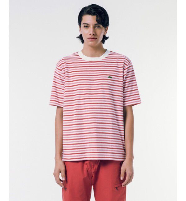LACOSTE「オーバーサイズ ハイゲージパイル地ボーダー半袖Tシャツ」|Tシャツ・カットソー|ローズ