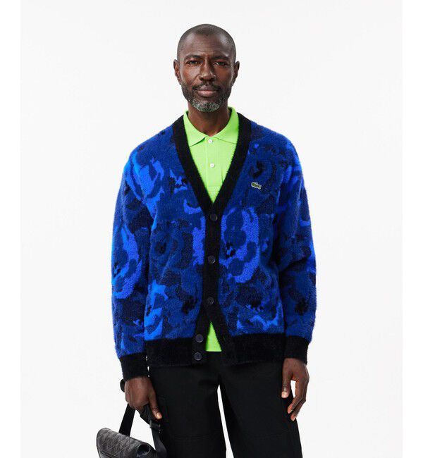 LACOSTE「フローラルジャカードシャギーニットカーディガン」|カーディガン|ダークブルー