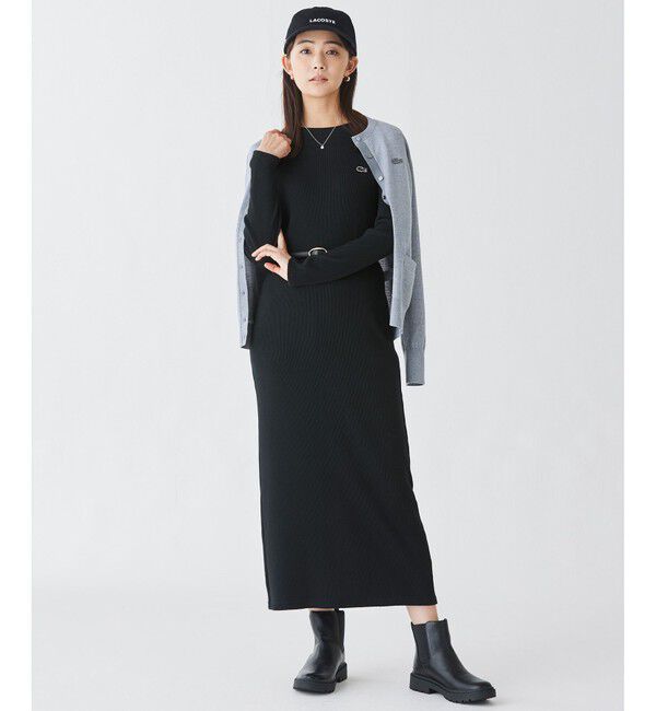 LACOSTE「コットンリブニットドレス / ニットワンピース / 無地 ボーダー」|ワンピース|ブラック