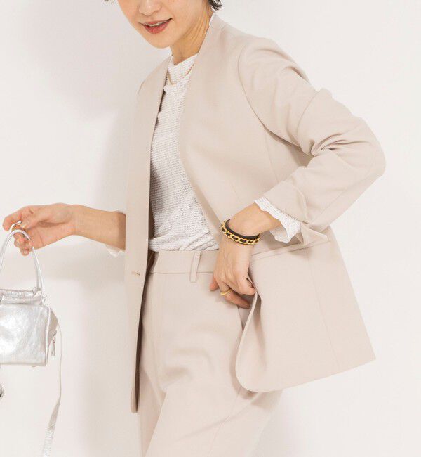 NOLLEY'S「《セットアップ対応》ウォッシャブルダブルクロスVネックジャケット」|ノーカラージャケット|ベージュ