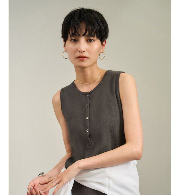 SALON adam et rope'「【WEB限定】プリマベールリブヘンリーネックノースリーブプルオーバー［UVケア・洗える］」|タンクトップ|