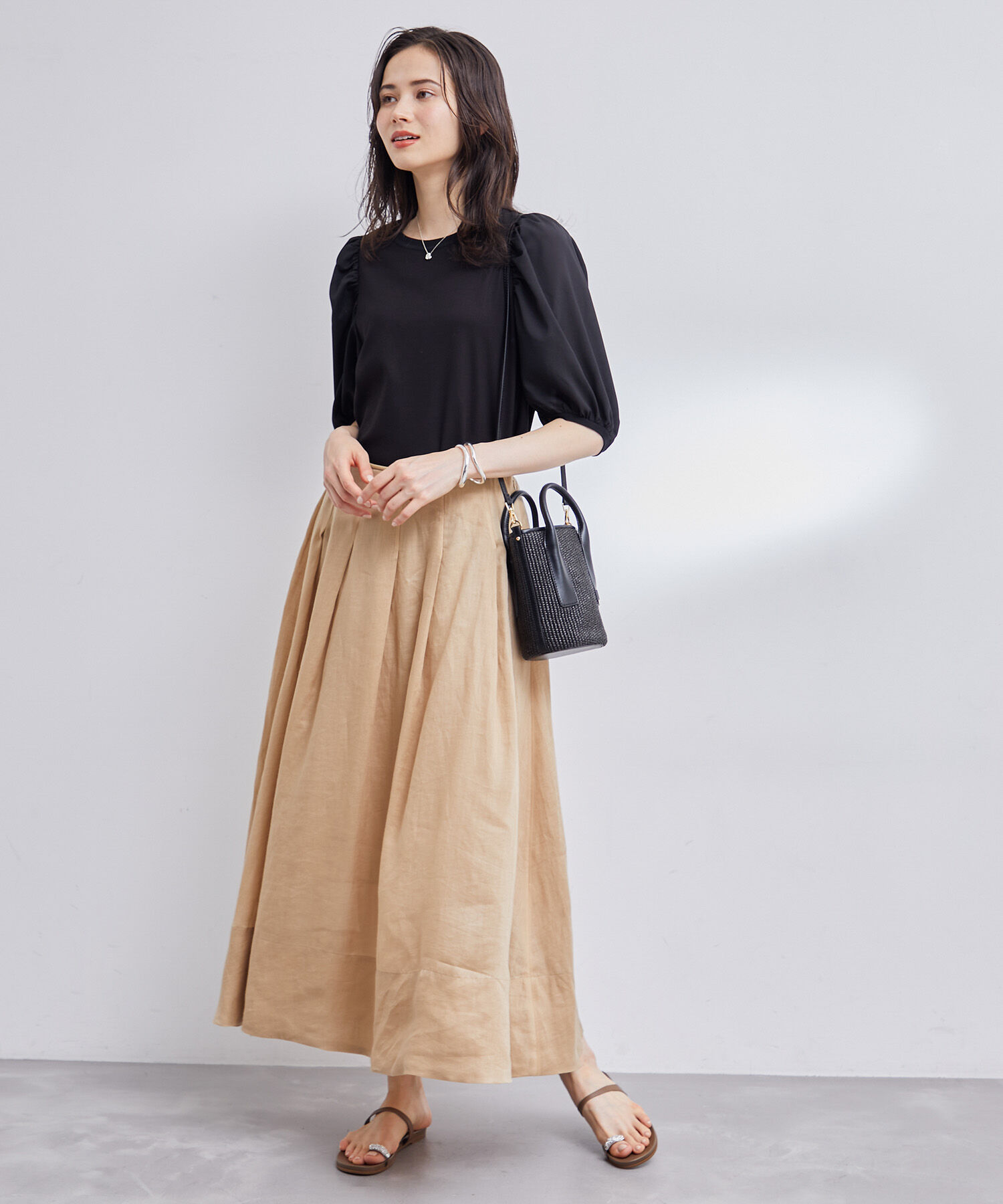 ROPE「【洗える】シフォンコンビギャザーパフスリーブカットソー」|Tシャツ・カットソー|