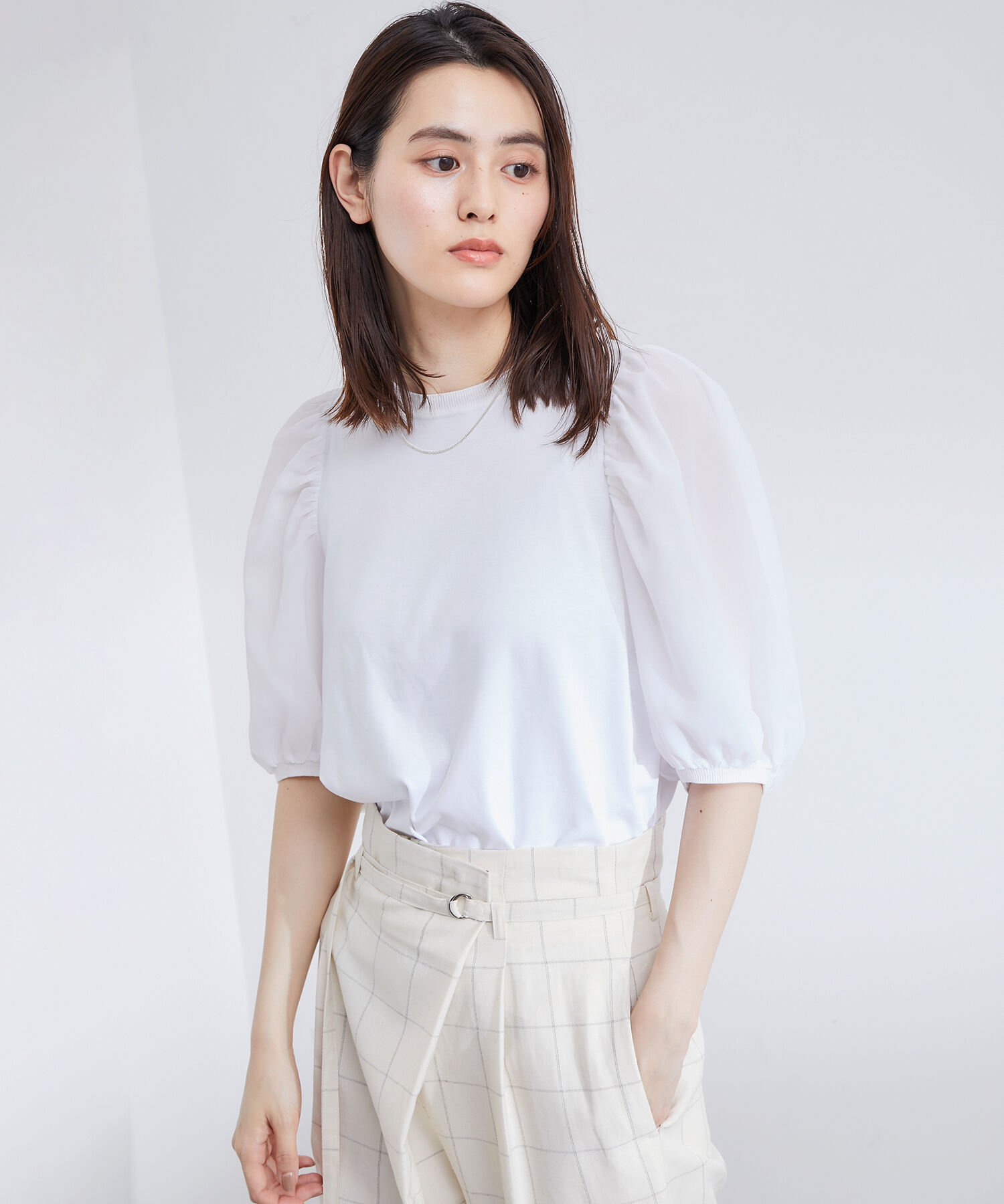 ROPE「【洗える】シフォンコンビギャザーパフスリーブカットソー」|Tシャツ・カットソー|ホワイト(10)