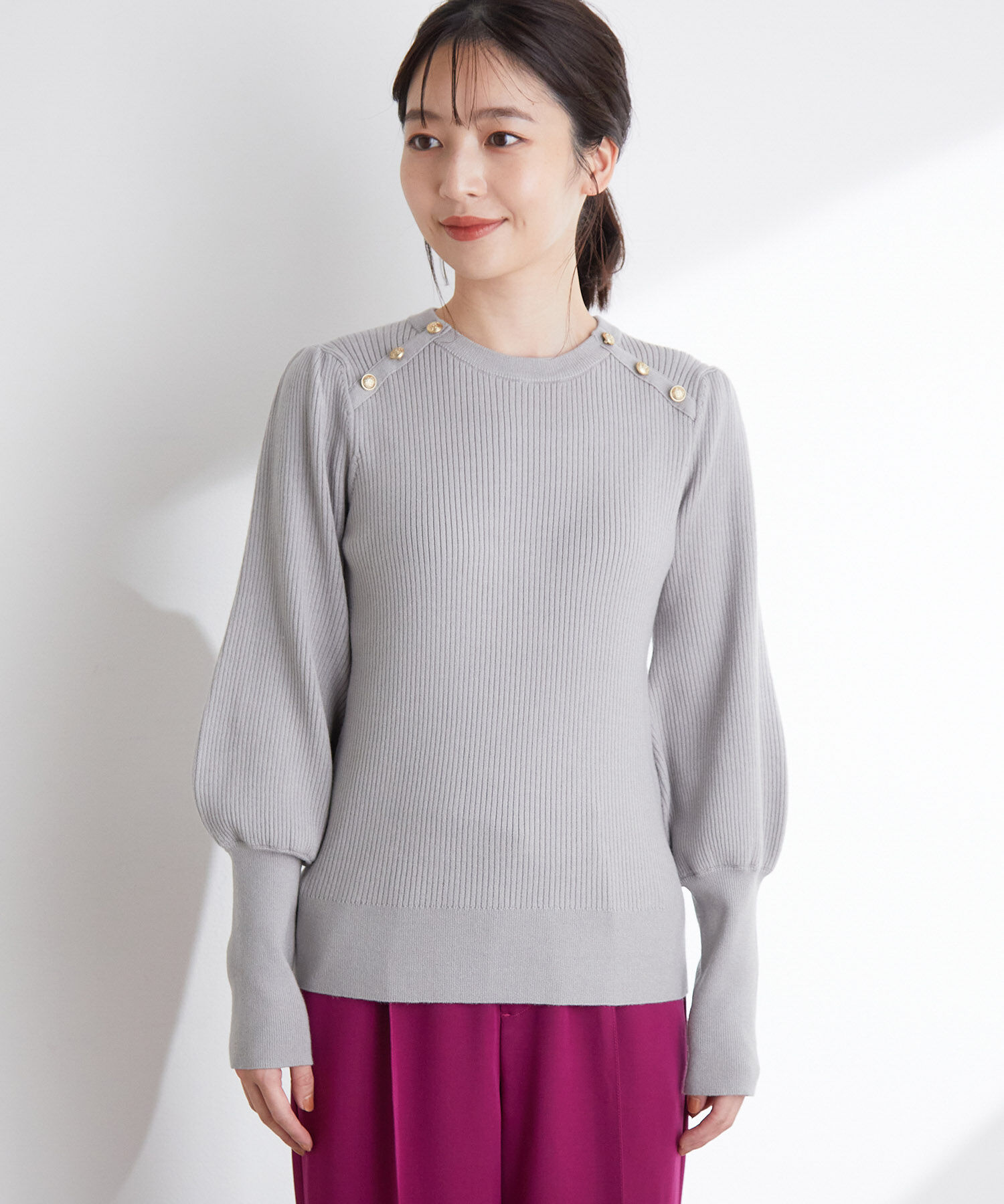 VIS「袖コンシャスきらっとメタル釦リブプルオーバー」|ニット・セーター|