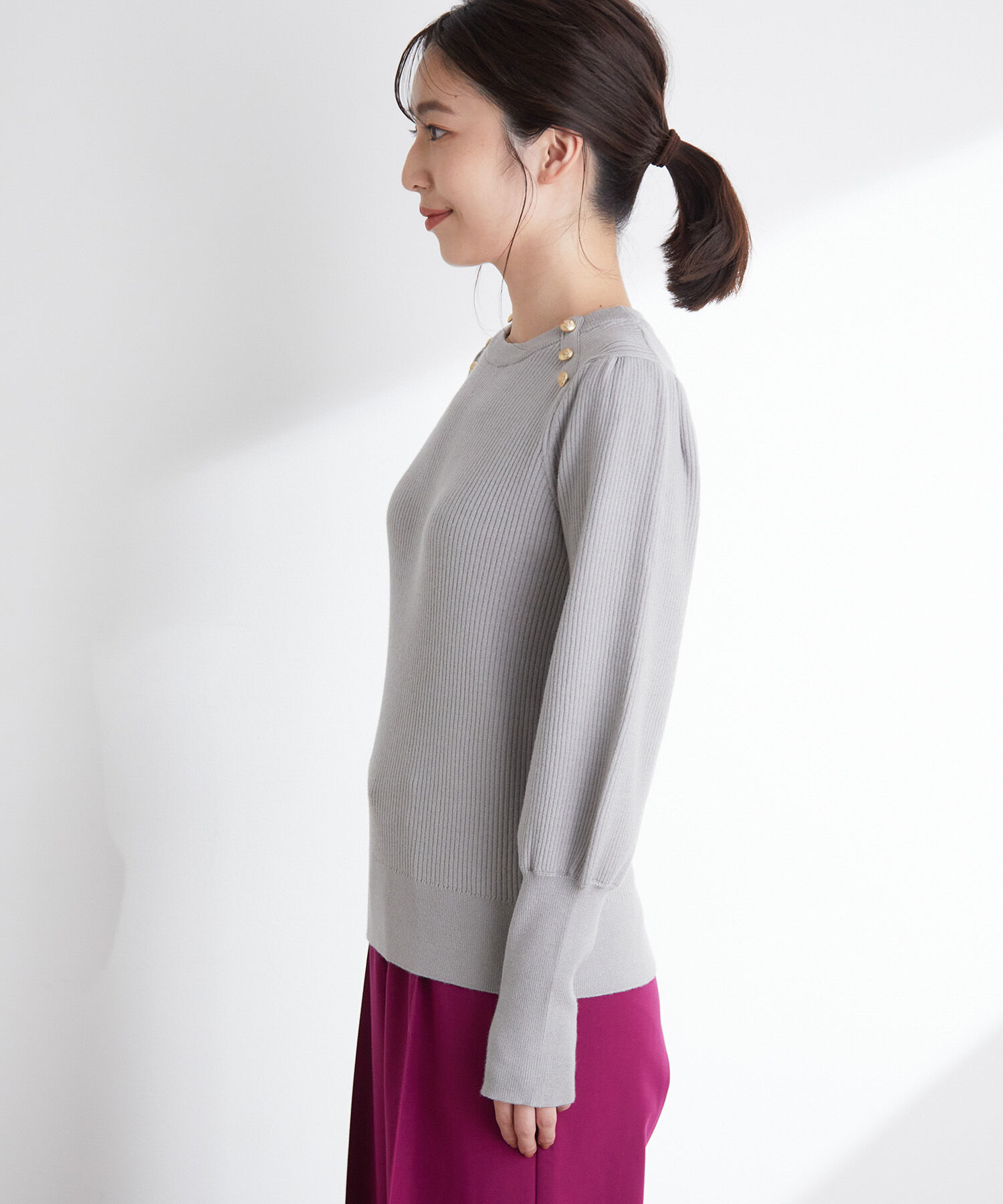 VIS「袖コンシャスきらっとメタル釦リブプルオーバー」|ニット・セーター|
