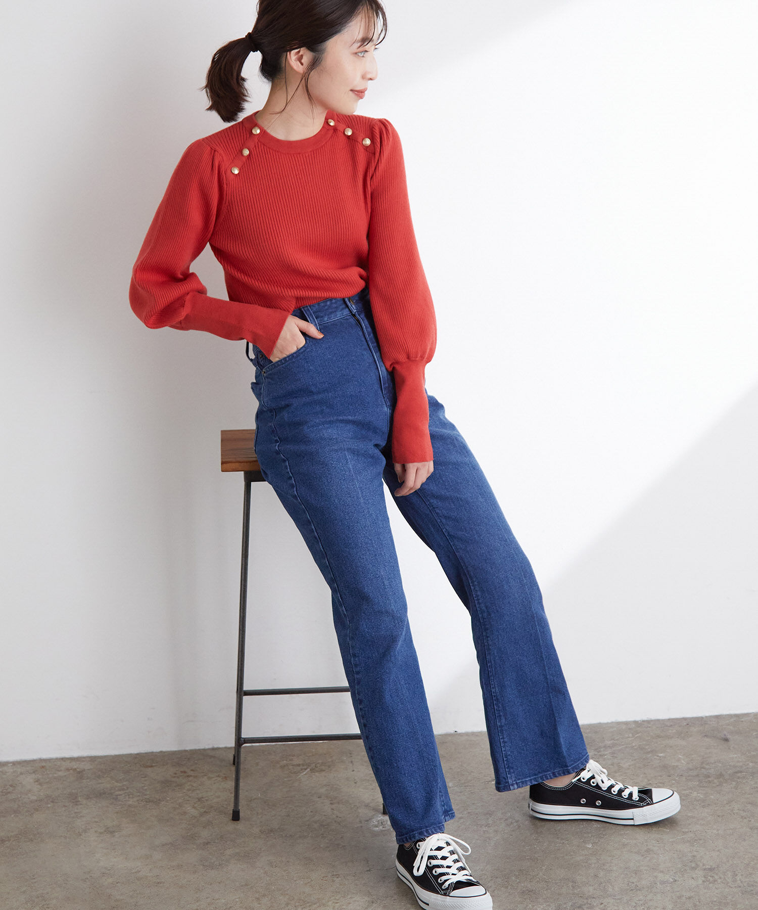 VIS「袖コンシャスきらっとメタル釦リブプルオーバー」|ニット・セーター|