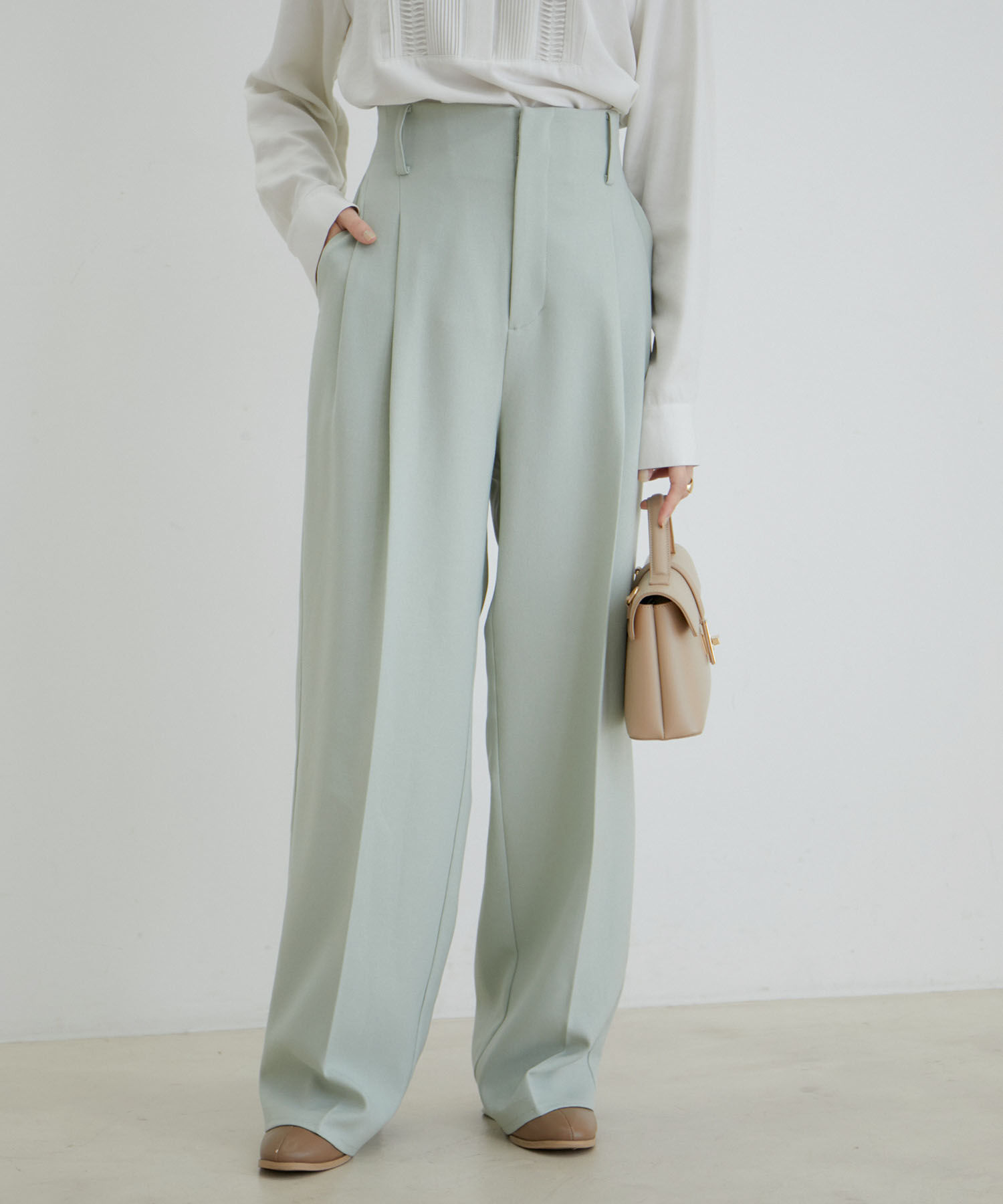 VIS「【セットアップ対応】ウールライクメランジワイドパンツ【アンチピリング・洗える】」|スラックス|ライトグリーン(33)