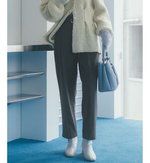 VIS「【美warm】ストレッチベルト付きハイウエストテーパードパンツ【アンチピリング/防シワ/洗える】」|チノ|チャコール