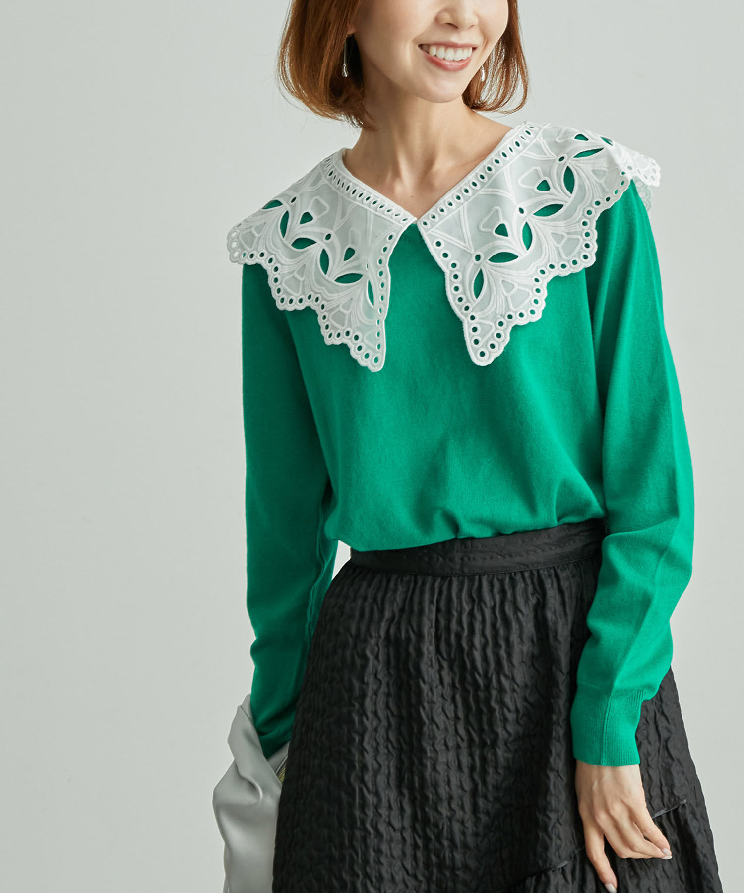 Rope&rsquo;Picnic「レース衿ニットプルオーバー」|ニット・セーター|グリーン(30)