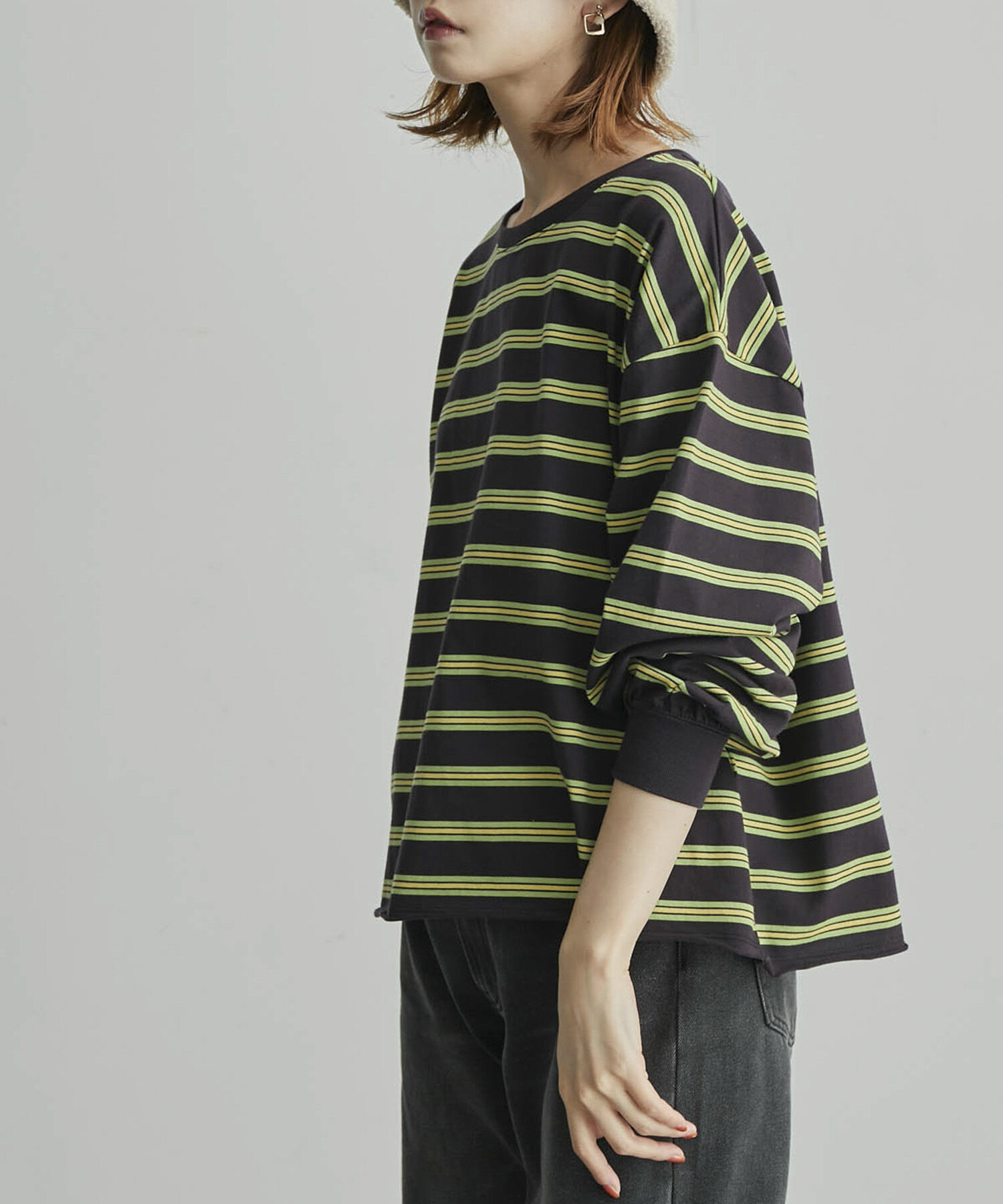 Rope&rsquo;Picnic「【一部店舗限定】クレリック長袖ボーダーカットトップス」|Tシャツ・カットソー|チャコール(06)