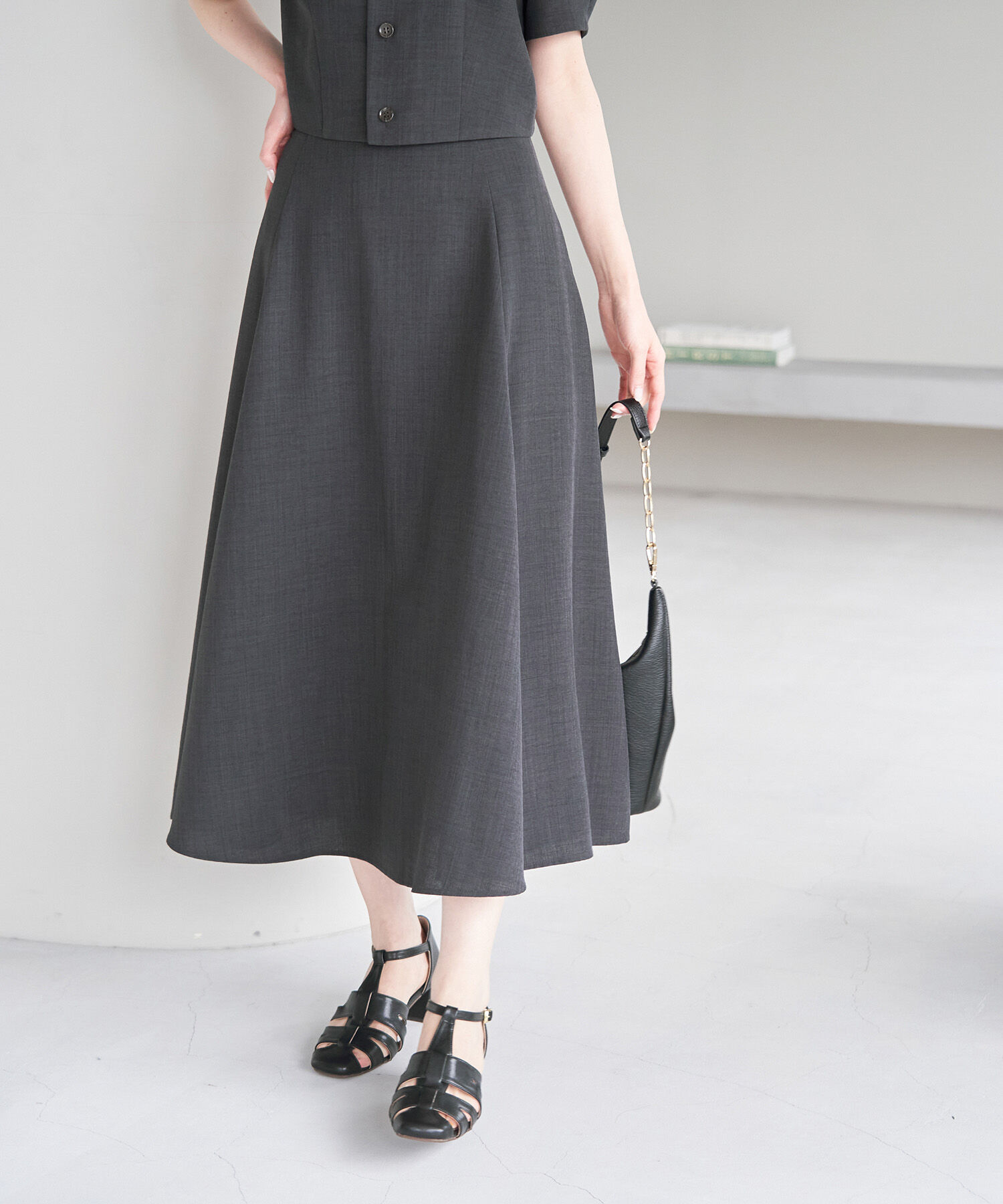 Rope&rsquo;Picnic「セットアップ対応/リンクコーデ/麻調バックレースアップフレアスカート」|スカート|チャコール(06)