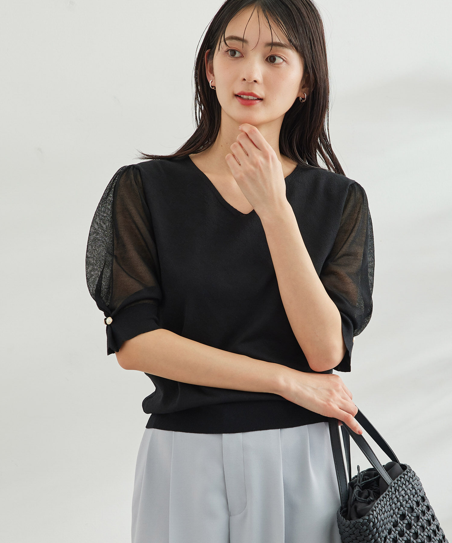 Rope&rsquo;Picnic「袖シアーニットプルオーバー」|ニット・セーター|ブラック(01)