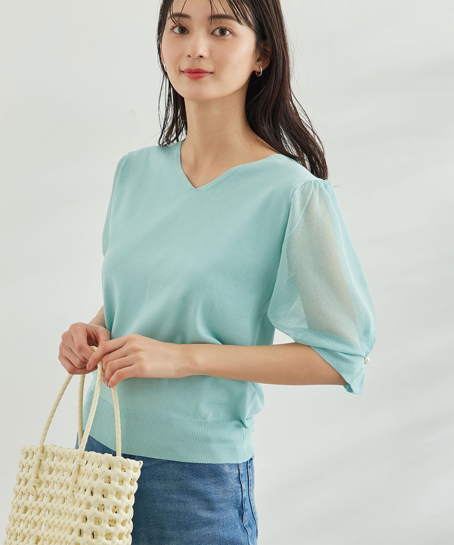 Rope&rsquo;Picnic「袖シアーニットプルオーバー」|ニット・セーター|グリーン系(35)