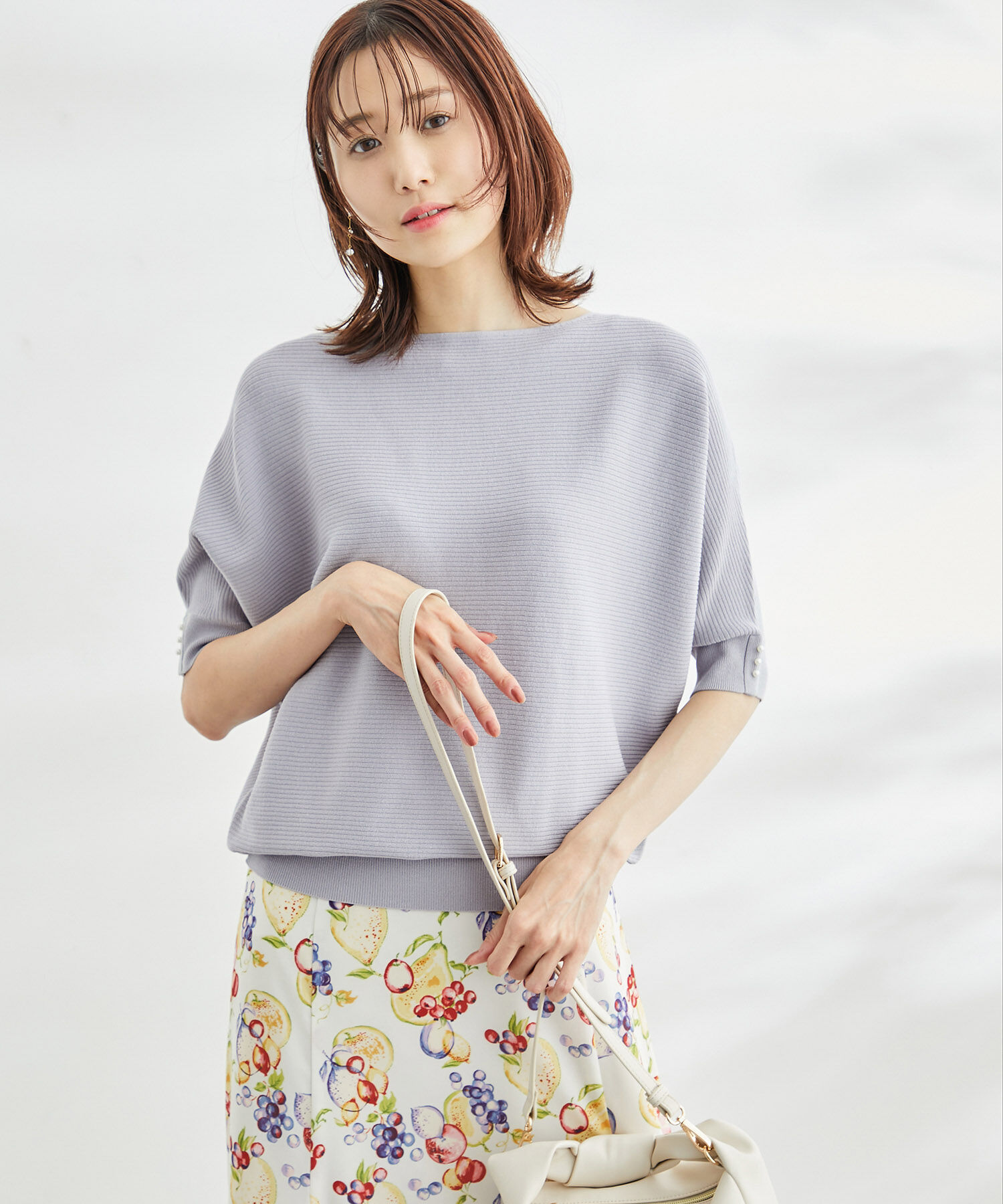 Rope&rsquo;Picnic「ハーフスリーブパールドルマンニット」|ニット・セーター|ライトグレー(08)