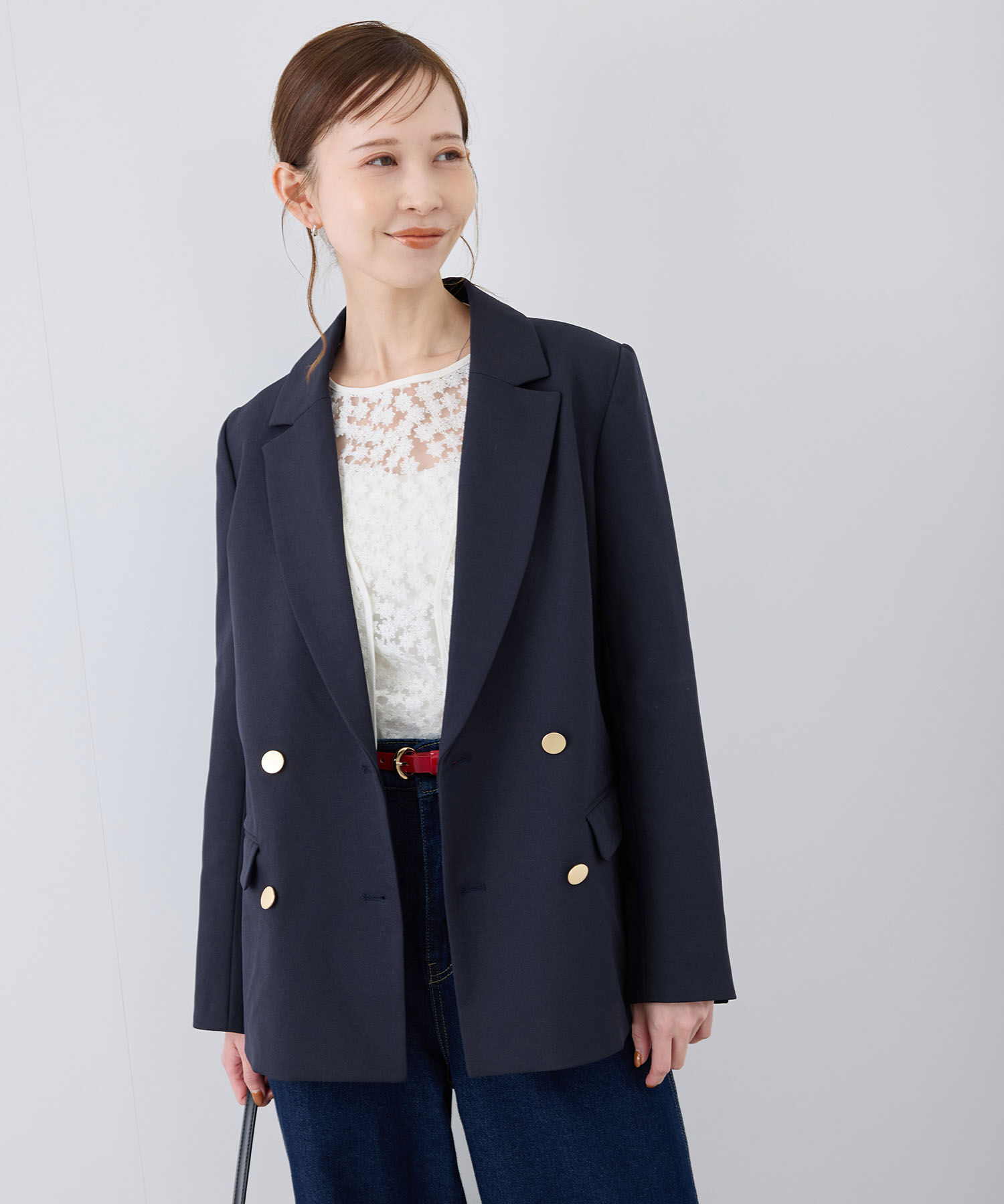 Rope&rsquo;Picnic「ウールライクサージ金ボタンジャケット(肩パットあり・総裏地)/セットアップ対応・リンクコーデ」|テーラードジャケット|