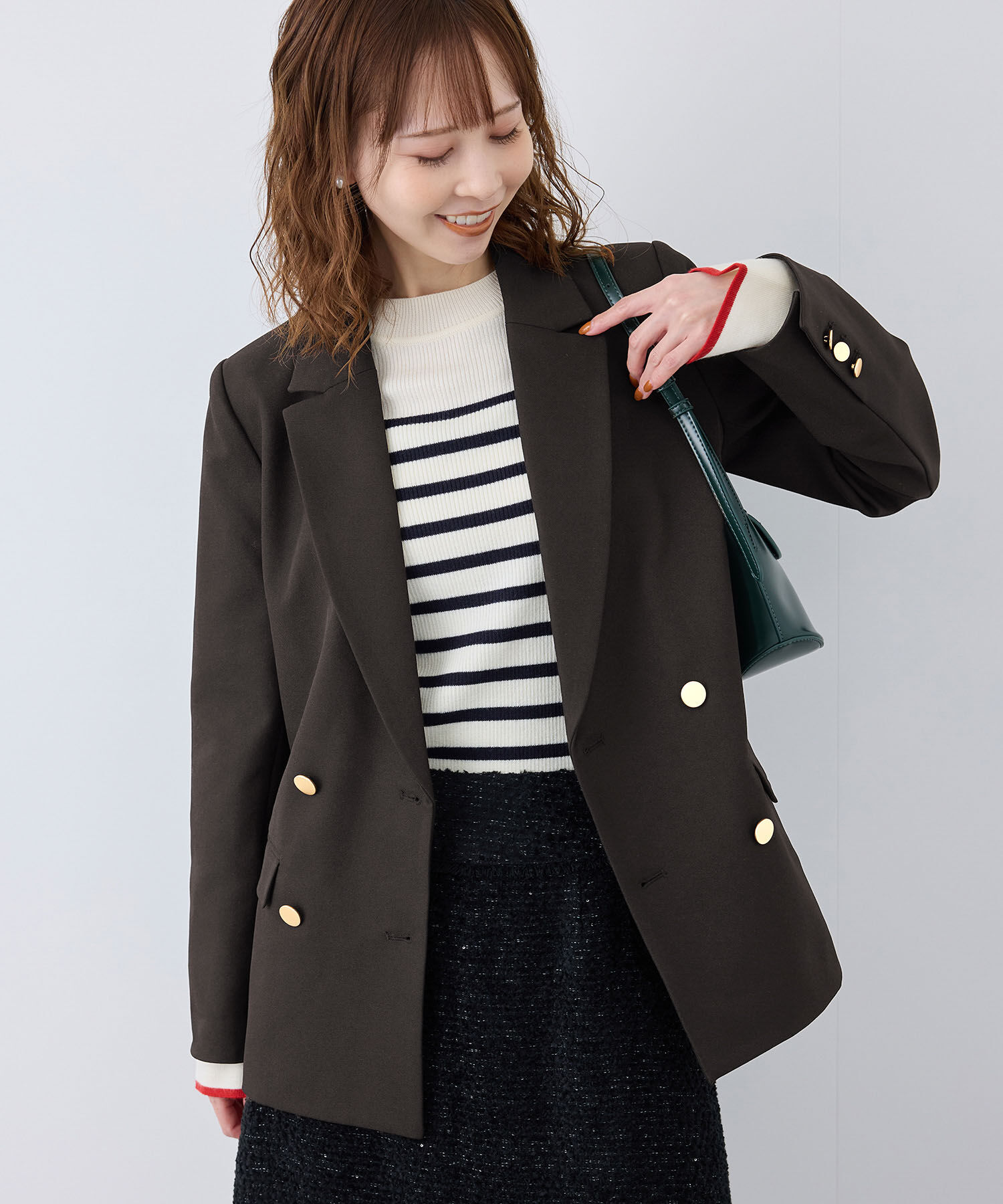 Rope&rsquo;Picnic「ウールライクサージ金ボタンジャケット(肩パットあり・総裏地)/セットアップ対応・リンクコーデ」|テーラードジャケット|