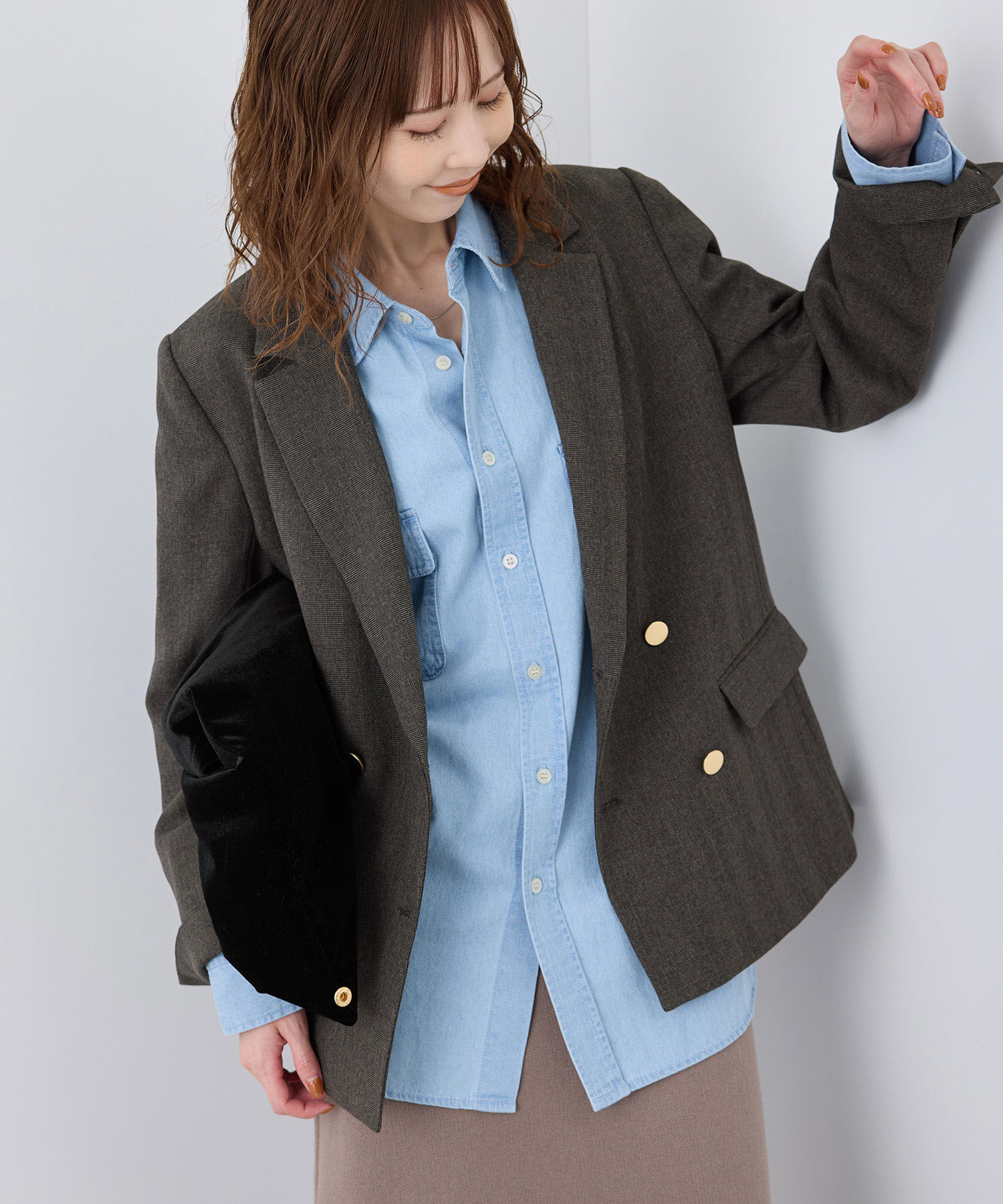 Rope&rsquo;Picnic「ウールライクサージ金ボタンジャケット(肩パットあり・総裏地)/セットアップ対応・リンクコーデ」|テーラードジャケット|