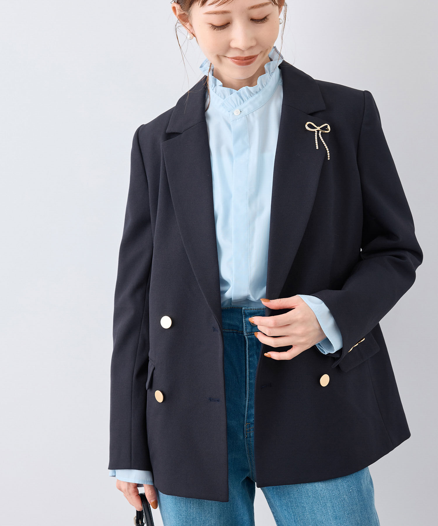 Rope&rsquo;Picnic「ウールライクサージ金ボタンジャケット(肩パットあり・総裏地)/セットアップ対応・リンクコーデ」|テーラードジャケット|