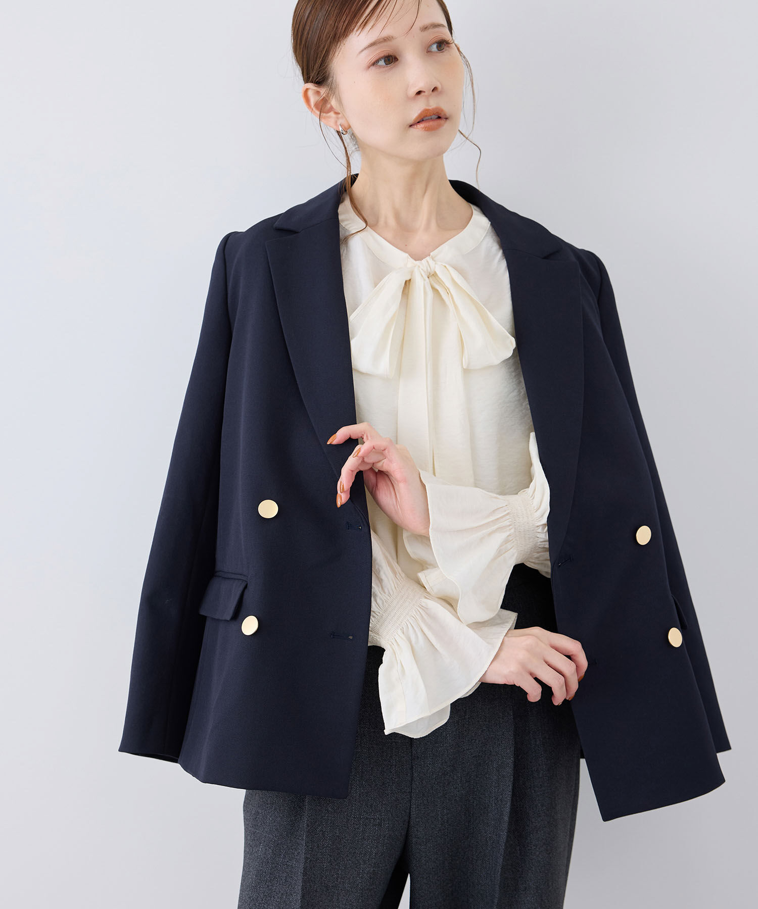 Rope&rsquo;Picnic「ウールライクサージ金ボタンジャケット(肩パットあり・総裏地)/セットアップ対応・リンクコーデ」|テーラードジャケット|