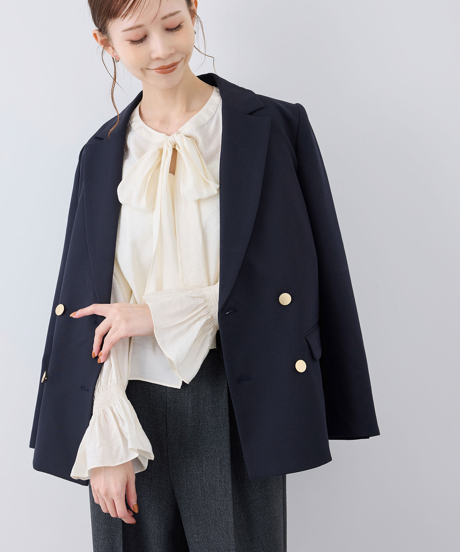 Rope&rsquo;Picnic「ウールライクサージ金ボタンジャケット(肩パットあり・総裏地)/セットアップ対応・リンクコーデ」|テーラードジャケット|