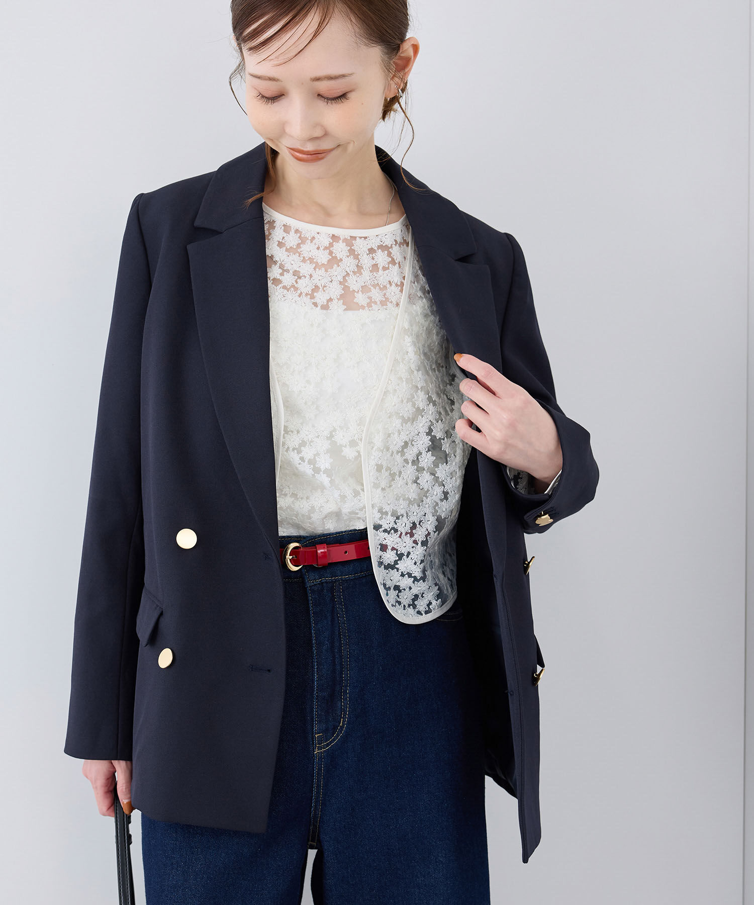 Rope&rsquo;Picnic「ウールライクサージ金ボタンジャケット(肩パットあり・総裏地)/セットアップ対応・リンクコーデ」|テーラードジャケット|