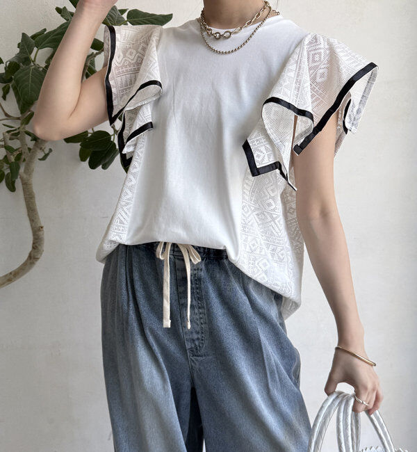  「【WEB限定】レース切替トップス」|Tシャツ・カットソー|