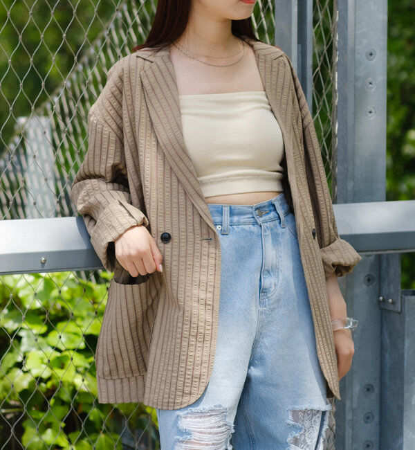  「*【WHIMSIC/SETUP対応】シアサッカーストライプダブルジャケット」|テーラードジャケット|ベージュ