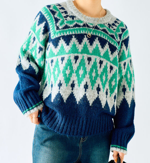  「《体型カバー◎WEB限定》起毛求心ジャガードニット」|ニット・セーター|グリーン