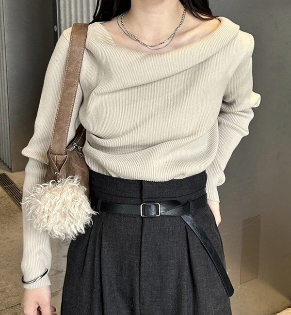  「【8色展開】オフショルリブニット」|ニット・セーター|ベージュ