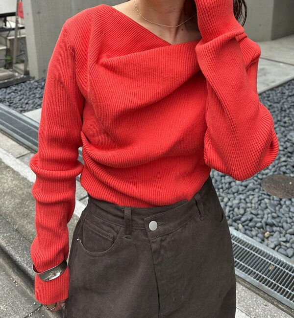  「【8色展開】オフショルリブニット」|ニット・セーター|オレンジ