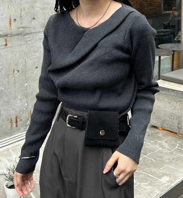  「【8色展開】オフショルリブニット」|ニット・セーター|チャコールグレー