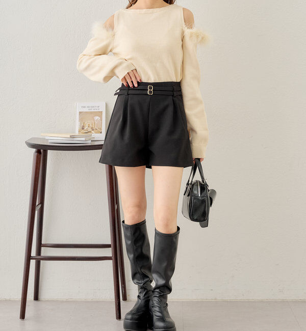  「【セットアップ対応】ダブルベルトキュロットショートパンツ」|チノ|