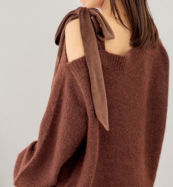  「ベロアリボンワンショルシャギーミニワンピース」|ワンピース|