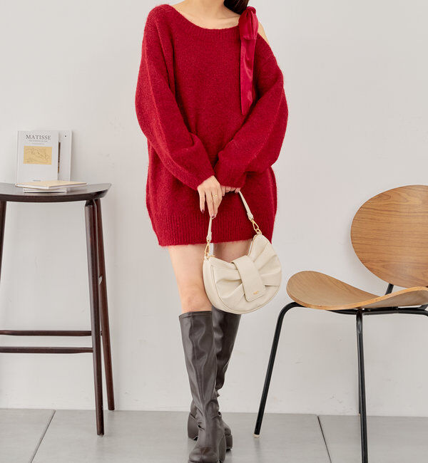  「ベロアリボンワンショルシャギーミニワンピース」|ワンピース|